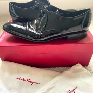 FERRAGAMO PATENT LEATHER TUXEDO SHOES - Worn 1x. Comes with box and dust bags
